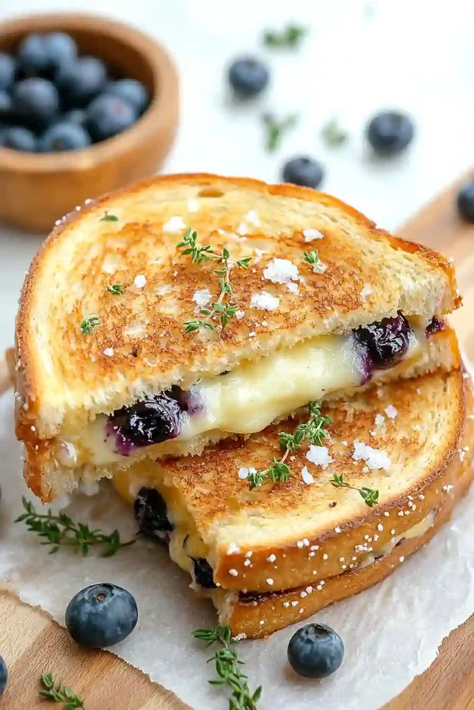 Crispy blueberry grilled cheese sandwich with melted brie and fresh blueberries