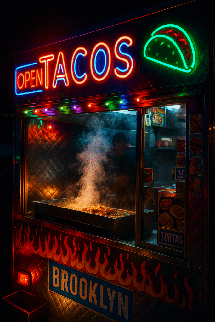 Best street food in America served from Brooklyn food truck at night