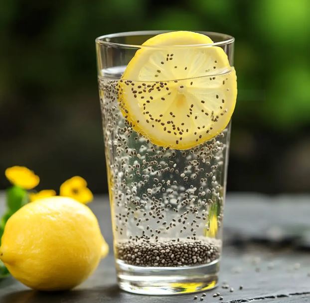 Glass of chia seeds recipe water with lemon