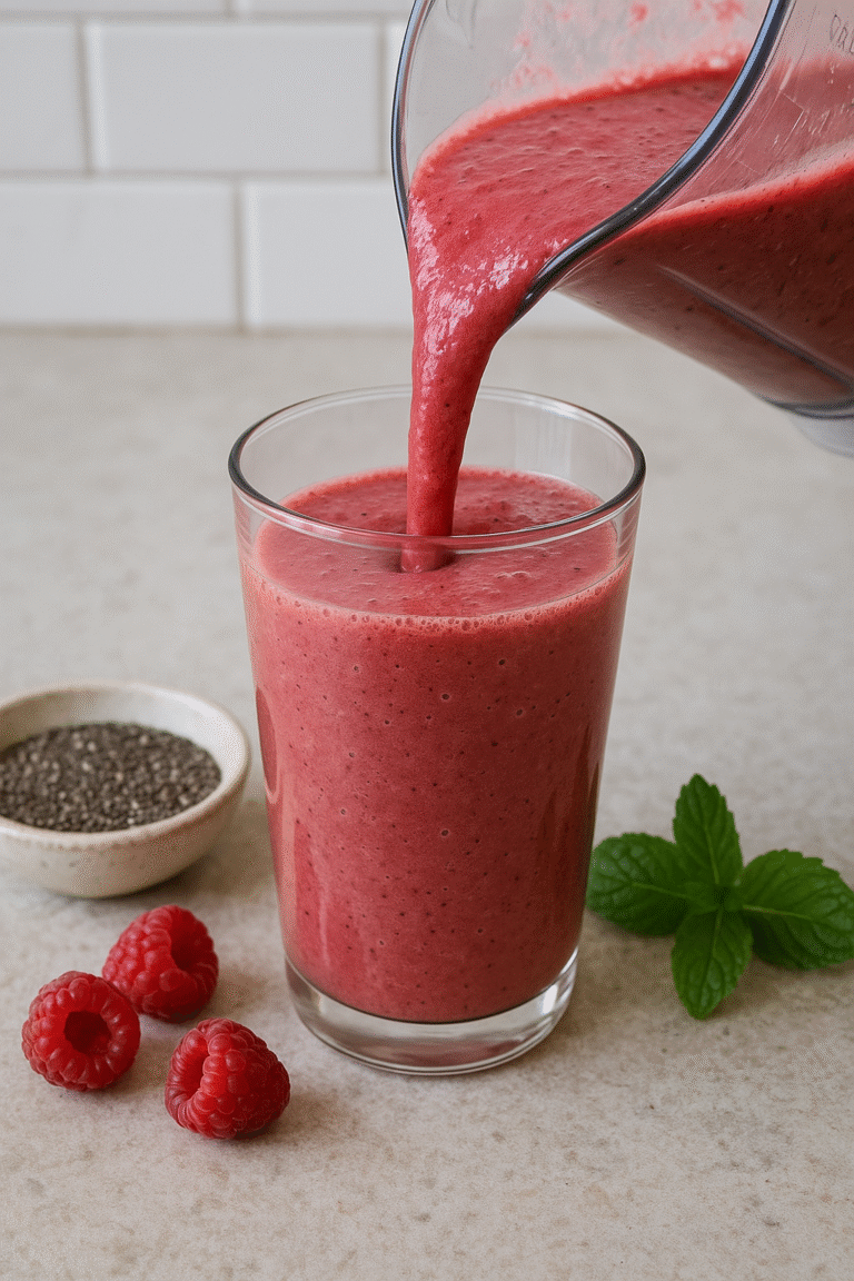 Pouring raspberry green tea smoothie into a glass