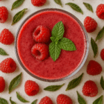 Raspberry green tea smoothie in glass with fresh ingredients