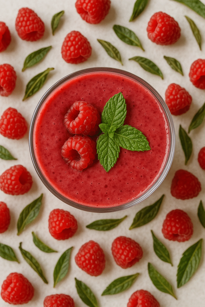Raspberry green tea smoothie in glass with fresh ingredients