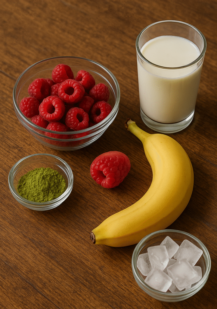 Raspberry green tea smoothie ingredients laid out