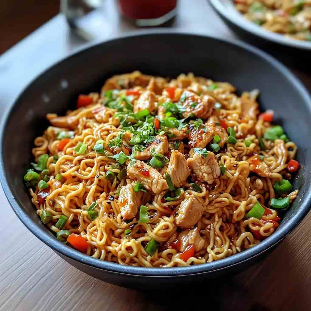 Chicken Ramen Stir Fry with tender chicken, noodles, vegetables, and savory sauce, served in a bowl