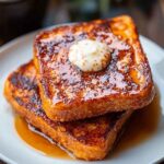 Close-up of golden brown French toast slices stacked with a pat of melting butter and drizzled maple syrup on a white plate.
