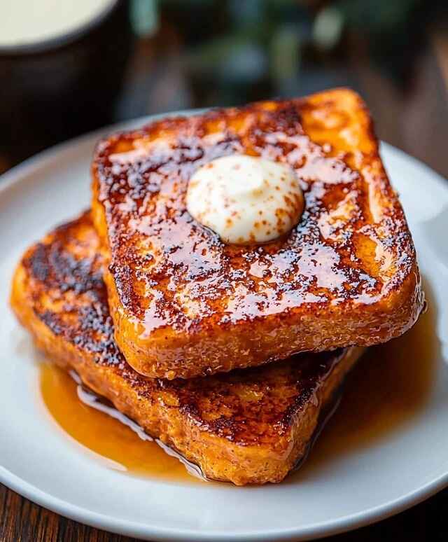 Close-up of golden brown French toast slices stacked with a pat of melting butter and drizzled maple syrup on a white plate.