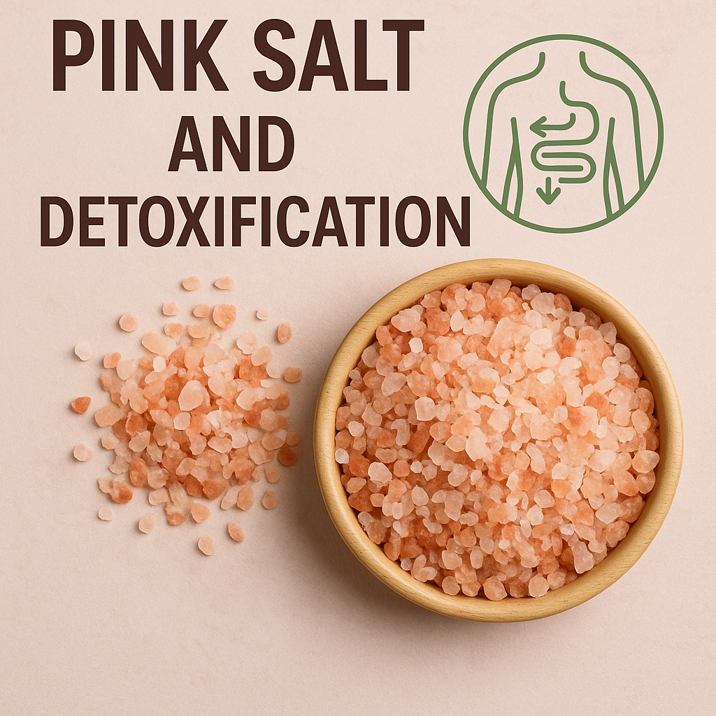 A wooden spoon filled with pink Himalayan salt on a soft pink background, accompanied by the words "Pink Salt and Detoxification" and a green digestive system icon.