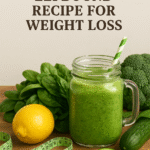 A green smoothie in a mason jar with a striped straw, surrounded by spinach, lemon, cucumber slices, broccoli, and a measuring tape on a wooden surface, promoting a natural Zepbound recipe for weight loss.