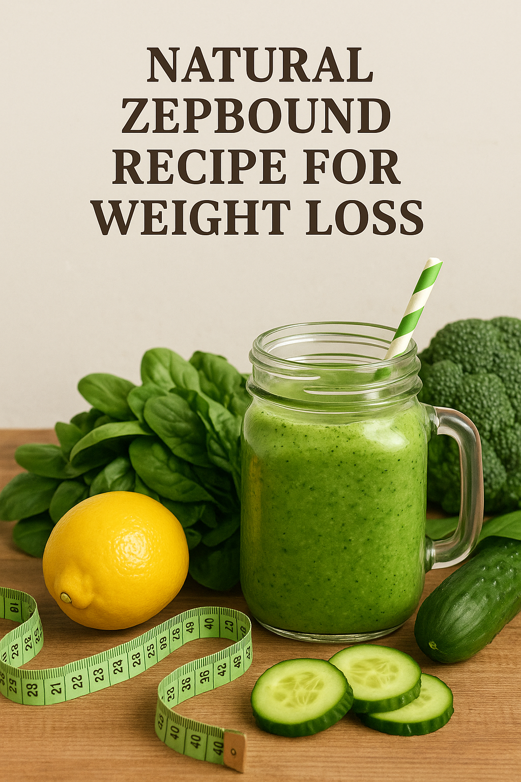 A green smoothie in a mason jar with a striped straw, surrounded by spinach, lemon, cucumber slices, broccoli, and a measuring tape on a wooden surface, promoting a natural Zepbound recipe for weight loss.