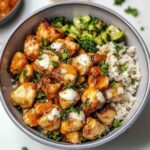 A bowl of rice topped with saucy grilled chicken bites, melted cheese, fresh parsley, and served with broccoli and cucumbers.