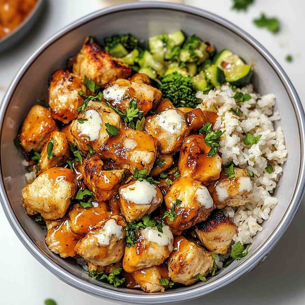 A bowl of rice topped with saucy grilled chicken bites, melted cheese, fresh parsley, and served with broccoli and cucumbers.