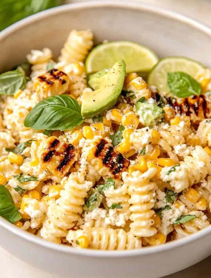 Bowl of creamy street corn pasta salad with grilled corn, rotini pasta, avocado slices, lime wedges, fresh basil, and cotija cheese