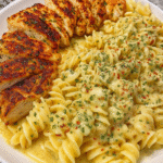 A white plate filled with creamy rotini pasta in garlic parmesan sauce, topped with sliced grilled chicken breast, garnished with parsley and red pepper flakes, placed on a granite countertop.