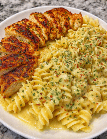 A white plate filled with creamy rotini pasta in garlic parmesan sauce, topped with sliced grilled chicken breast, garnished with parsley and red pepper flakes, placed on a granite countertop.
