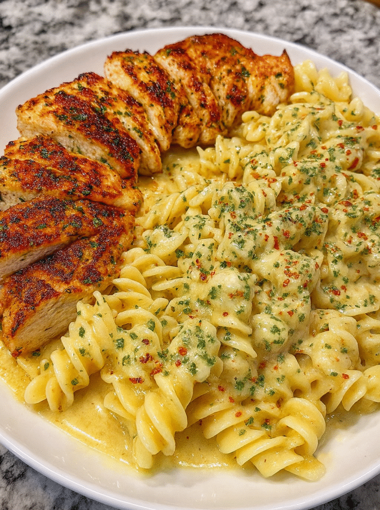 A white plate filled with creamy rotini pasta in garlic parmesan sauce, topped with sliced grilled chicken breast, garnished with parsley and red pepper flakes, placed on a granite countertop.