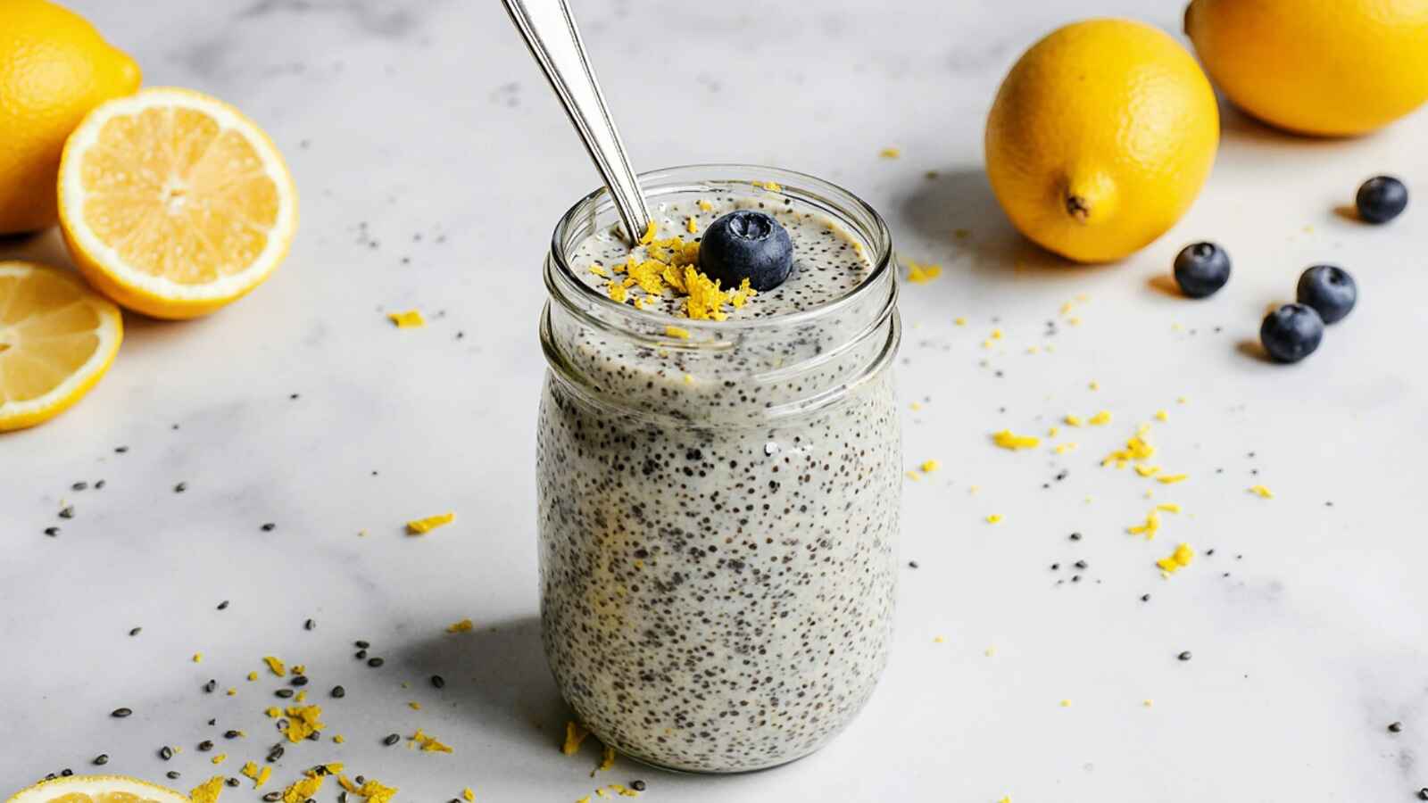 A jar of chia pudding topped with a blueberry and lemon zest, surrounded by fresh lemons and blueberries.