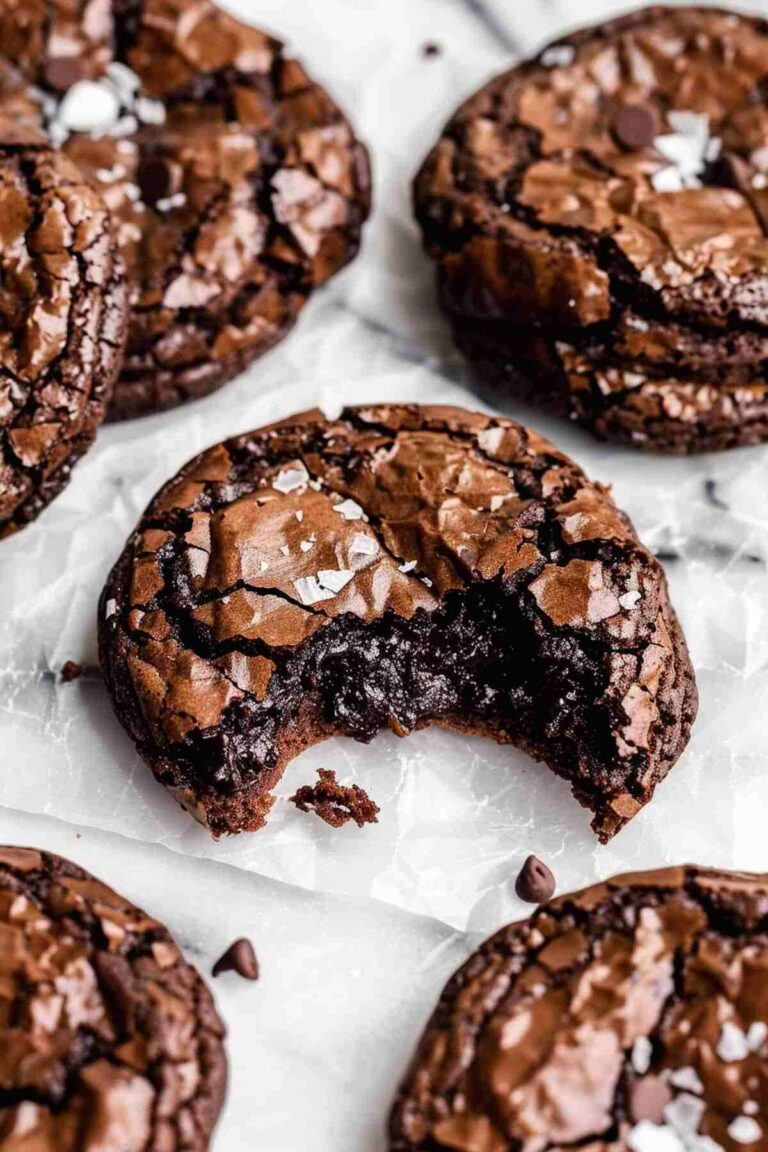A close-up of a fudgy chocolate cookie with a cracked top, sprinkled with sea salt, and a bite taken out of it.