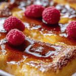 Close-up of golden baked custard French toast topped with fresh raspberries and drizzled with syrup