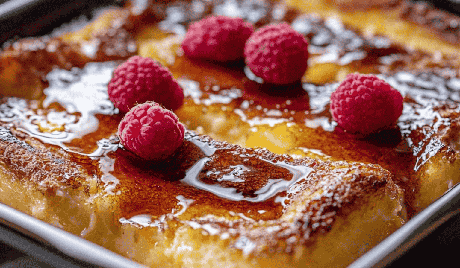 Close-up of golden baked custard French toast topped with fresh raspberries and drizzled with syrup