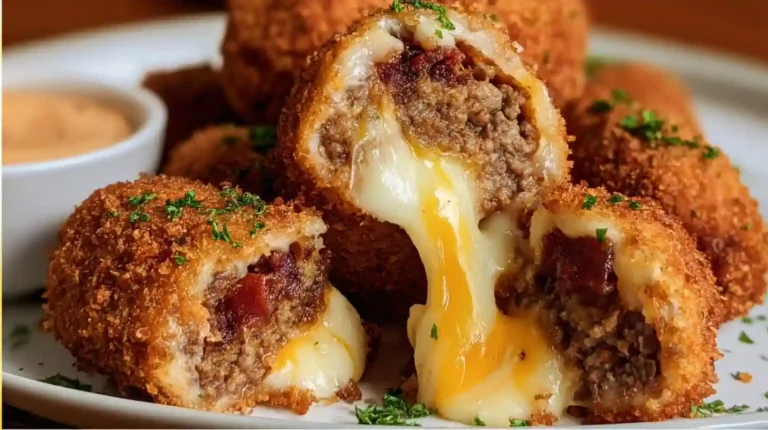 Close-up of crispy bacon cheeseburger mozzarella stick bombs, filled with melted cheese, seasoned ground beef, and bacon, garnished with parsley on a white plate.