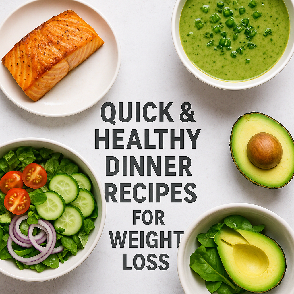 A flat lay photo of healthy dinner foods including salmon, green soup, salad, and avocado, arranged around the bold text “Quick & Healthy Dinner Recipes for Weight Loss.”