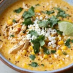 A creamy bowl of Mexican street corn soup topped with fresh cilantro, cotija cheese, and a sprinkle of chili powder.