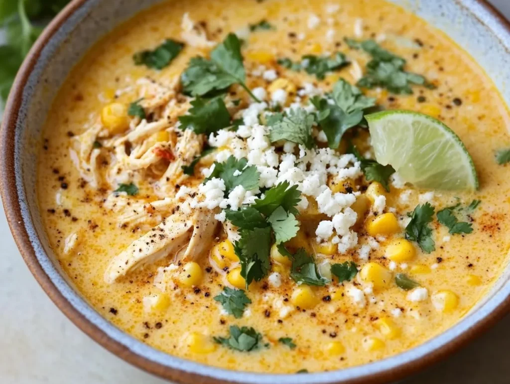 A creamy bowl of Mexican street corn soup topped with fresh cilantro, cotija cheese, and a sprinkle of chili powder.
