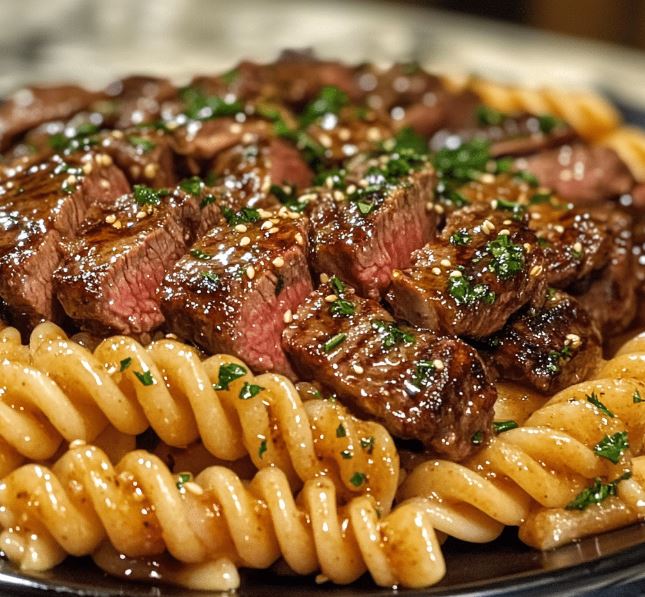 Close-up of seared honey garlic steak bites served over rotini pasta, garnished with sesame seeds and chopped herbs.