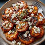 Honey feta sweet potato rounds drizzled with golden honey and topped with crumbled feta cheese and herbs on a serving platter.
