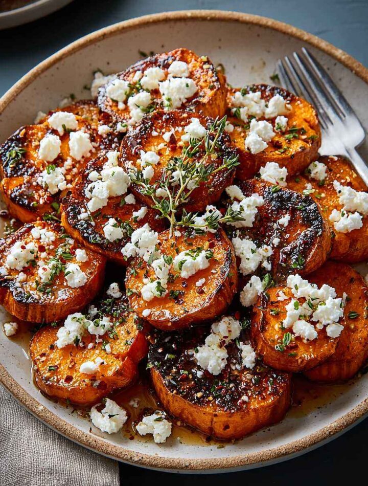 Honey feta sweet potato rounds drizzled with golden honey and topped with crumbled feta cheese and herbs on a serving platter.