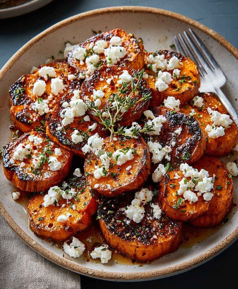 Honey feta sweet potato rounds drizzled with golden honey and topped with crumbled feta cheese and herbs on a serving platter.