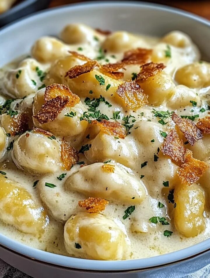 Bowl of creamy crack chicken gnocchi with bacon and herbs in a skillet — rich one-pot comfort food recipe.