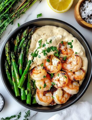 Grilled shrimp and asparagus served over creamy garlic mashed potatoes, garnished with chopped herbs in a black bowl.