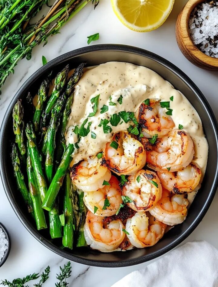 Grilled shrimp and asparagus served over creamy garlic mashed potatoes, garnished with chopped herbs in a black bowl.
