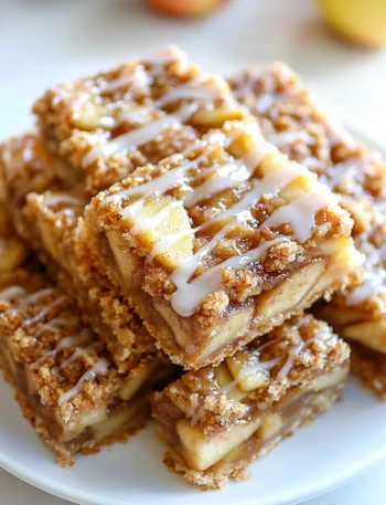 Homemade chewy apple bars with cinnamon crumble topping and caramel drizzle