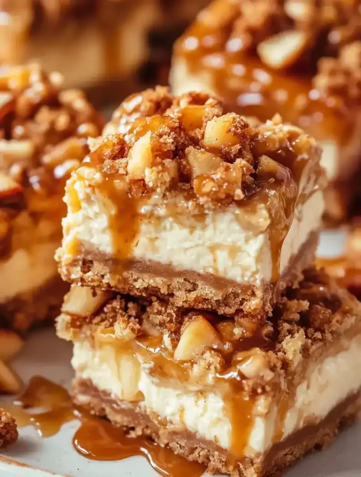 Caramel apple cheesecake bars with buttery crust, creamy cheesecake layer, spiced apple topping, and caramel drizzle served on a white plate.