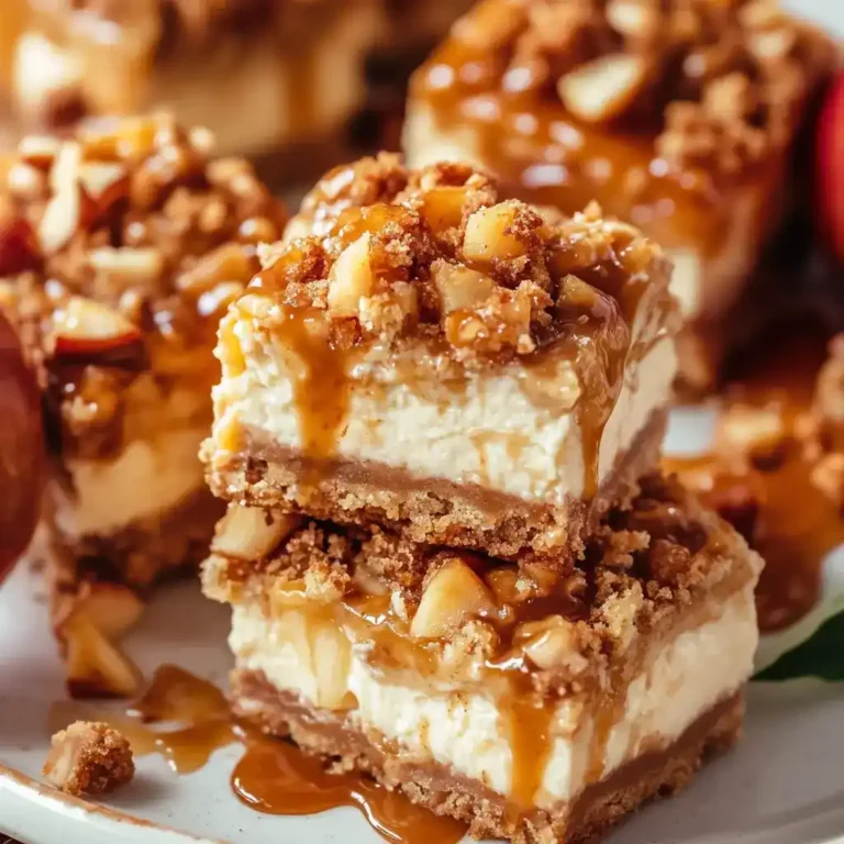 Caramel apple cheesecake bars with buttery crust, creamy cheesecake layer, spiced apple topping, and caramel drizzle served on a white plate.