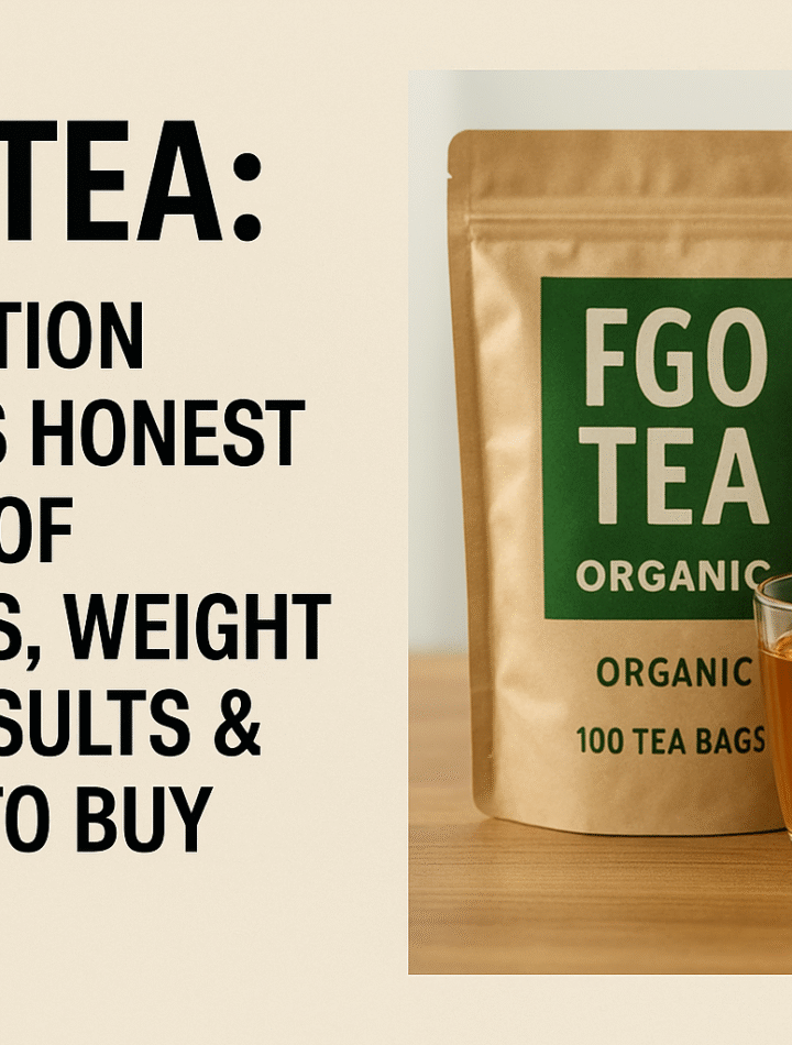A kraft paper bag labeled "FGO Tea Organic" with a clear glass cup of tea beside it, placed on a wooden surface. Bold black text on the left reads: "FGO Tea: A Nutrition Coach’s Honest Review of Benefits, Weight Loss Results & Where to Buy."