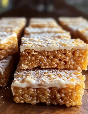 Gingerbread Rice Krispie Treats topped with white chocolate drizzle and festive sprinkles.