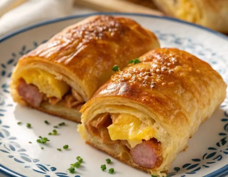 Golden flaky pastry filled with scrambled eggs and sausage on a white plate with a blue floral pattern.