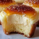 A close-up of a cheesecake cupcake with a caramelized sugar topping and a creamy vanilla bean filling, showing a bite taken out.