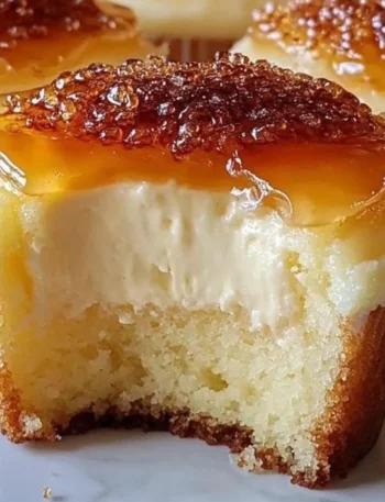A close-up of a cheesecake cupcake with a caramelized sugar topping and a creamy vanilla bean filling, showing a bite taken out.