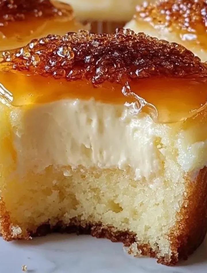 A close-up of a cheesecake cupcake with a caramelized sugar topping and a creamy vanilla bean filling, showing a bite taken out.