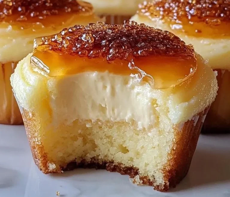 A close-up of a cheesecake cupcake with a caramelized sugar topping and a creamy vanilla bean filling, showing a bite taken out.