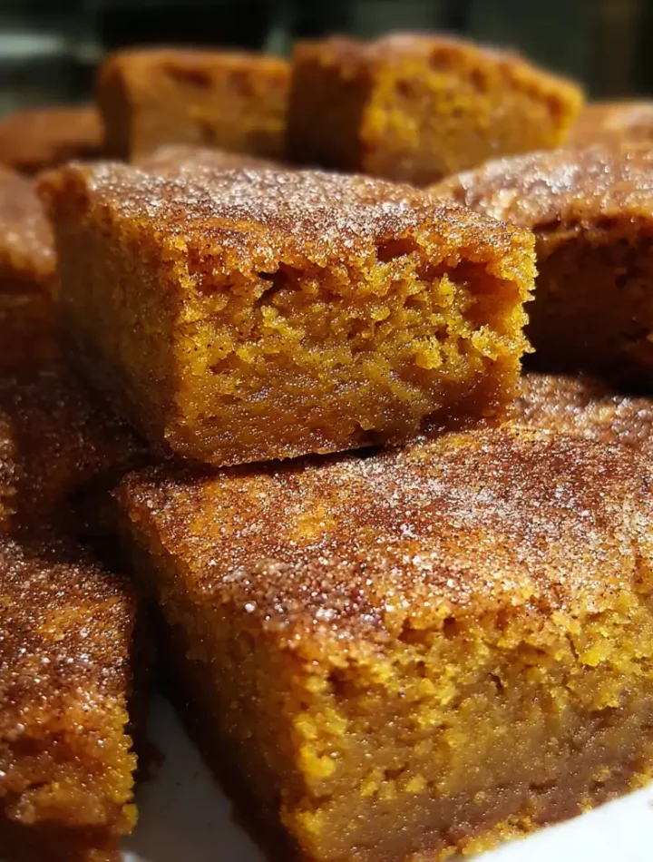 A stack of soft pumpkin snickerdoodle blondies dusted with cinnamon sugar, showing their moist, golden-orange texture and chewy edges.