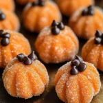 Homemade pumpkin cheesecake truffles coated in sugar and topped with chocolate chips for a festive fall dessert.