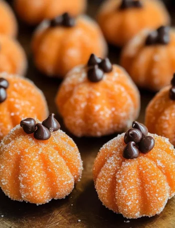 Homemade pumpkin cheesecake truffles coated in sugar and topped with chocolate chips for a festive fall dessert.