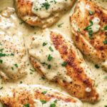 Golden seared chicken breasts in a creamy garlic herb sauce, garnished with fresh parsley.