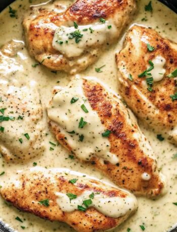 Golden seared chicken breasts in a creamy garlic herb sauce, garnished with fresh parsley.