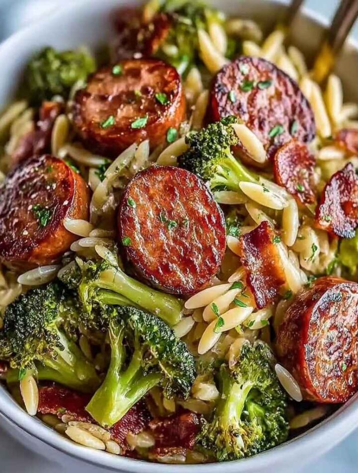 One-pan Chicken Sausage Broccoli Orzo dinner with parmesan and lemon zest.